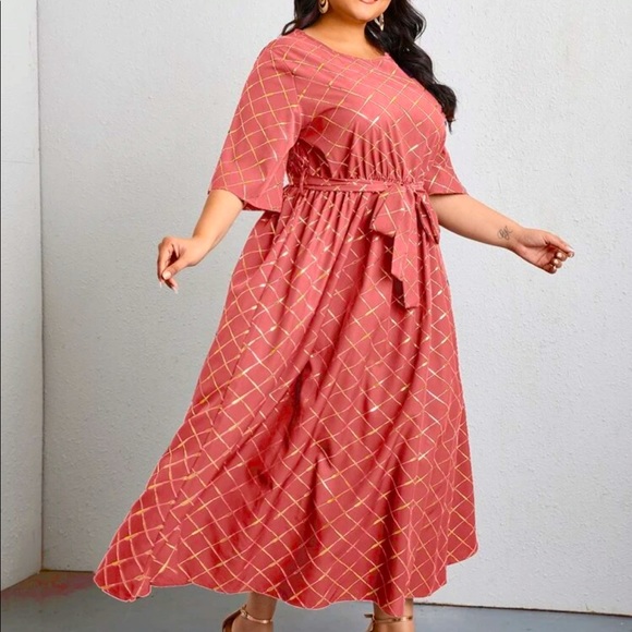 Plus Gilding Plaid Belted A-line Dress - Picture 5 of 8